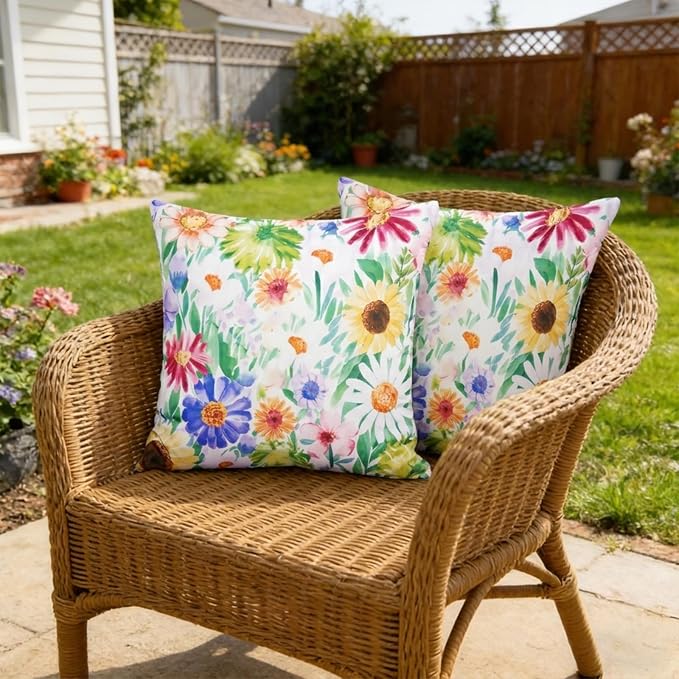 ONWAY Outdoor Floral Pillow Covers 18X18 inch Set of 2 Waterproof Yellow and Green Daisy Decorative Throw Pillowcases for Patio Furniture Garden Spring Summer Cushion Cover
