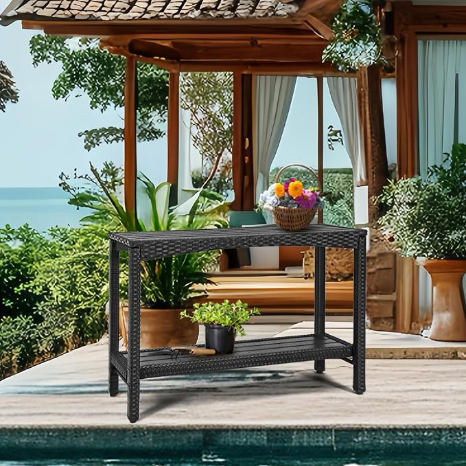 Outdoor Console Table Patio Buffet Bar Storage Organizer 45" Long Wicker Sofa Serving Sideboard Table 2-Shelf Outdoor Narrow Bar Table Tall Rectangle with Adjustable Feet for Entryway Black