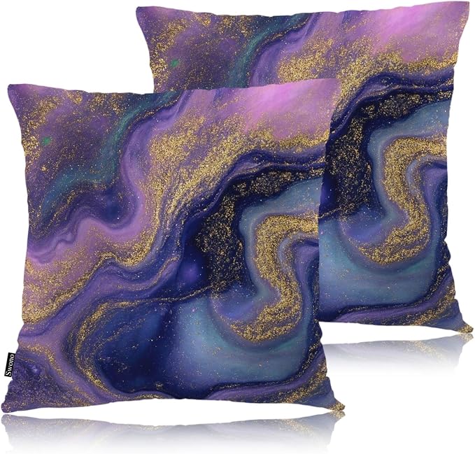 Swono Marble Pattern Cozy Pillowcase Cushion Cover, Abstract Natural Marble Gold Purple Decorative Throw Pillows Covers Outdoor Pillow Case for Home Office Dorm Sofa Picnic Car 18" X 18", 2 Pack