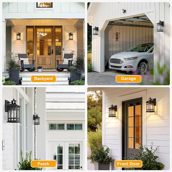Motion Sensor Outdoor Lights, Black Dusk to Dawn Outdoor Lighting with Tempered Glass, Aluminum Waterproof Anti-Rust Outside Wall Light Fixtures, Adjustable Sensitivity & Brightness, Hardwired