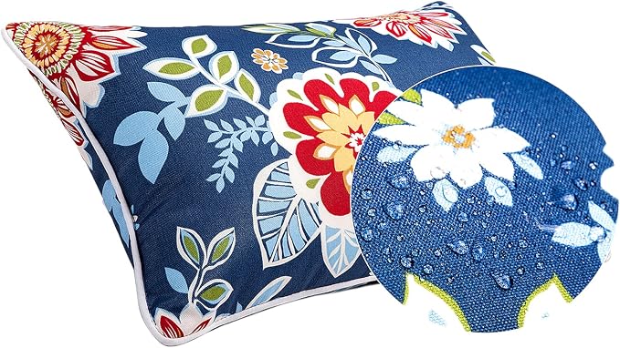 JMGBird Outdoor Accent Pillows 12x20 Outdoor Pillows Inserts includ | Water-Resistant Outdoor Pillows Durable Red Flowers Blue Background Throw Pillows with Inserts for Patio Furniture