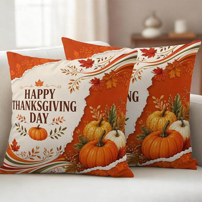 Fall Thanksgiving Waterproof Outdoor Pillow Covers 18''x18'' Set of 2, Maple Leaves Orange Pumpkins Patio Furniture Cushion Covers for Chairs, Decorative Farmhouse Pillow Cases for Garden/Pool/Beach