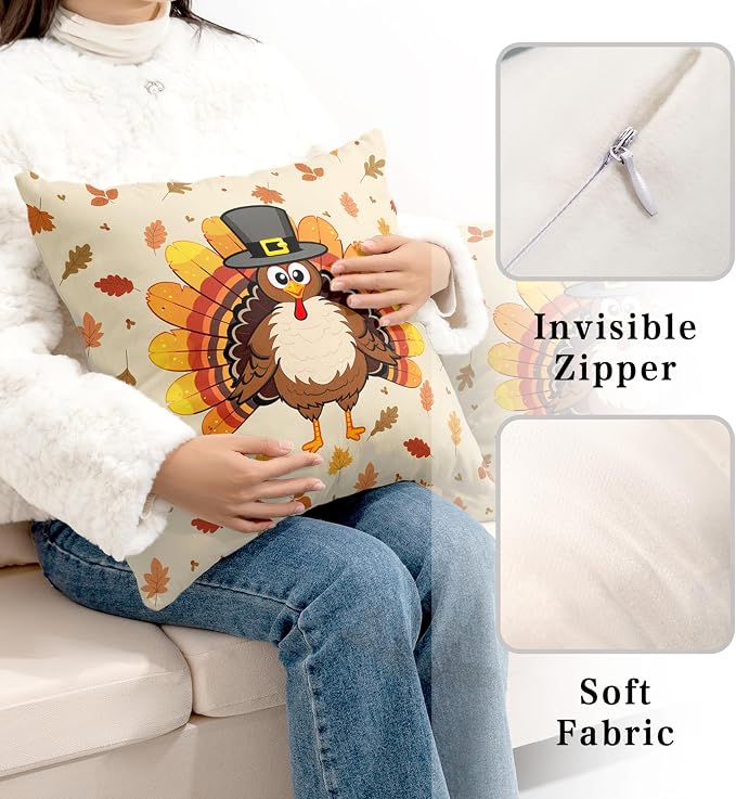 Turkey Pillow Covers 20x20 Set of 2 Thanksgiving Throw Pillow Covers Square Fall Leaves Pillow Case for Thanksgiving Decorations Living Room Couch