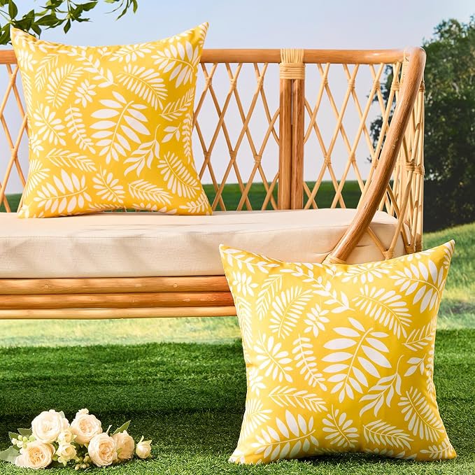 Allorry Outdoor Pillow Covers 18x18 Set of 2 Tropics Palm Leaves Yellow Floral Pattern Decoration Pillow Covers for Spring Summer Outdoor Waterproof Garden Patio Sofa Bedroom Home Decor JB009-A18