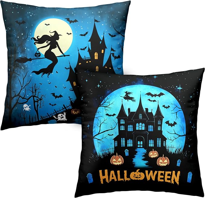 Halloween Pillow Covers 22x22 Set of 2 Witch Castle Throw Pillow Covers Horror Full Moon Night Pillow Case Bat Ghost Pumpkin Cushion Case for Holiday Party Home Decor Couch Sofa