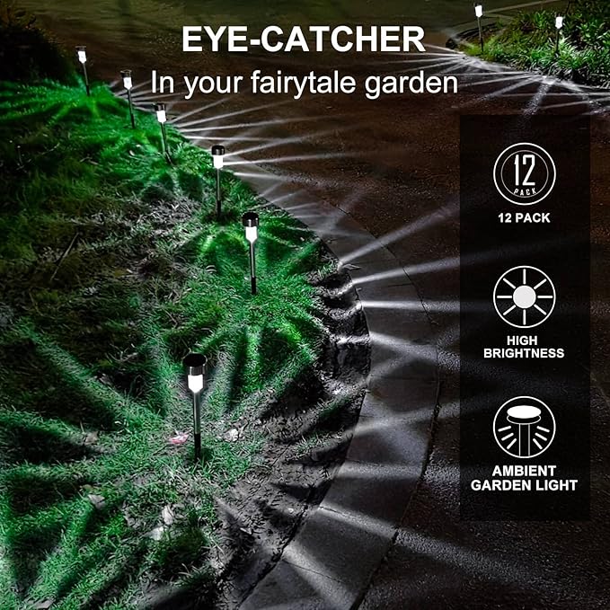Solar Lights Outdoor Waterproof, Solar Garden Lights, Cold White, 12 Pack | Outdoor Solar Lights Stainless Steel LED Landscape Lighting Decorations for Yard Pathway Patio Lawn