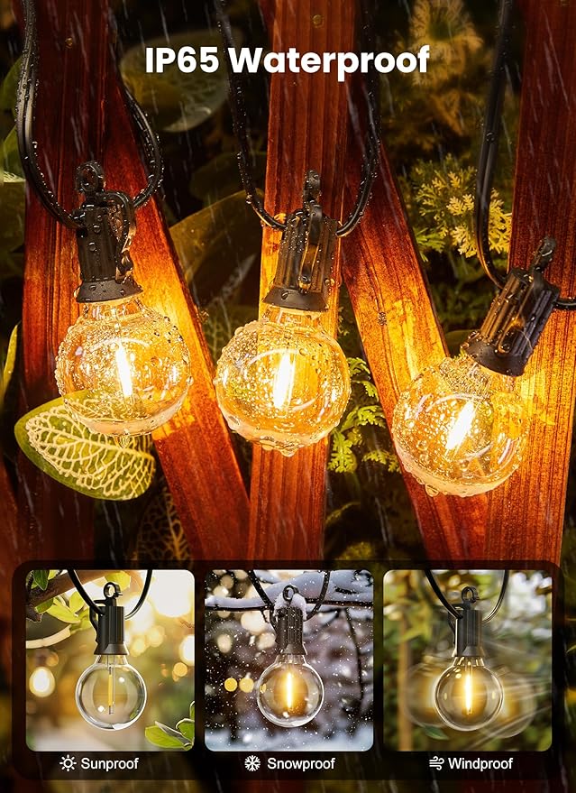 Outdoor String Lights, 50FT 52 LED Bulbs Connectable Patio Lights (2 Spare) | G40 Outside Vintage Hanging Light for Backyard Bistro Balcony Porch Christmas Party Wedding, E12, 2200K, Black