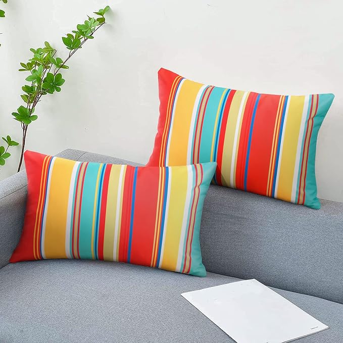 Pyonic Lumbar Outdoor Waterproof Throw Pillow Covers Set of 2 Rectangle Pillow Covers Decorative Patio Pillows for Patio Tent Garden Beach,12x20 Inches,Color Stripe(Red)