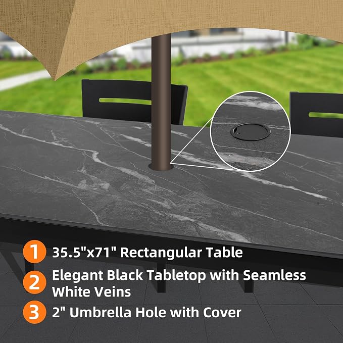 7PC Aluminum Outdoor Patio Dining Set, 71" Rectangular Dining Table with Black Marble Pattern Sintered Stone Top, 4 Chairs & 2 Cushioned Swivel Rockers, All-Weather Patio Furniture