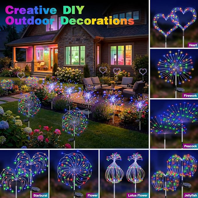 btfarm 6 Pack Solar Garden Lights Outdoor, 8 Modes Firework Lights Outside | 120LED, Waterproof Fairy Twinkle Light Solar Powered for Yard Christmas Pathway Lawn Pool Patio Decorative, Multicolor