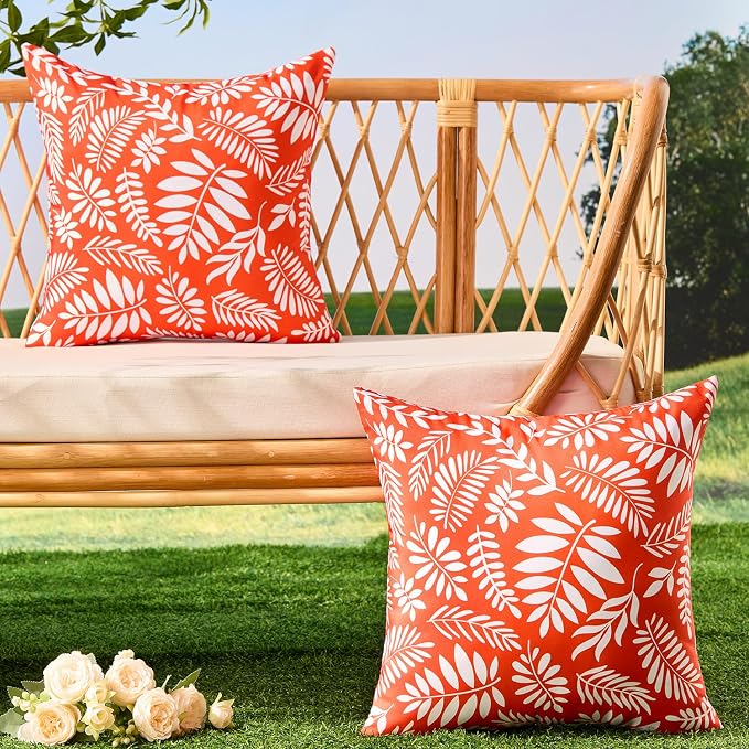 Allorry Outdoor Pillow Covers 18x18 Set of 2 Tropics Palm Leaves Brick Red Floral Pattern Decoration Pillow Covers for Summer Fall Outdoor Waterproof Garden Patio Sofa Bedroom Home Decor JB009-D18