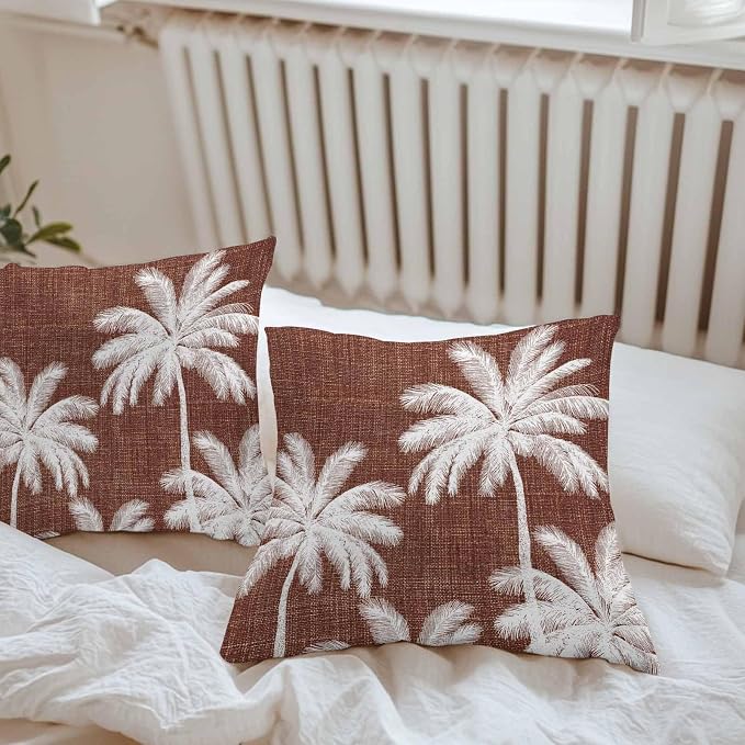 Outdoor Pillow Covers 20x20 Inch Set of 2, Brown Palm Trees Waterproof Throw Pillow Covers, Farmhouse Tropical Summer Beach Decorative Cushion Pillowcases for Couch, Sofa, Bed, Garden, Patio