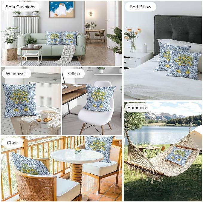 Summer Lemons Outdoor Pillow Covers 26x26 Inch Throw Pillow Covers Set of 2 Waterproof Decorative Pillow Cases Blue Boho Floral Farmhouse Botanical Cushion Covers for Patio Furniture Garden Couch Sofa