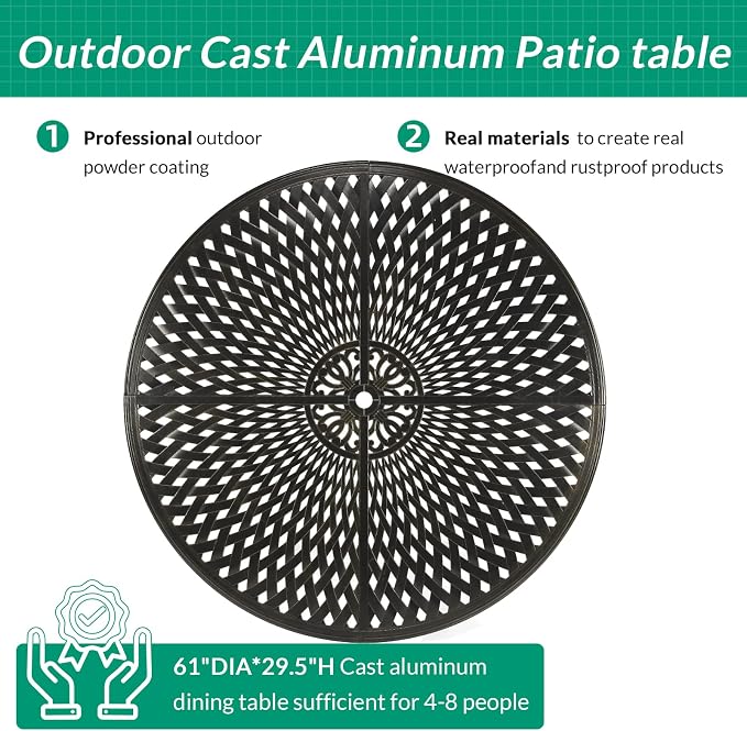 VIVIJASON Large 61" Patio Dining Table, Outdoor Round Dining Table Fits for 6-8 Person, Dark Bronze Cast Aluminum Rustic Patio Furniture Table with Umbrella Hole for Balcony, Porch and Deck