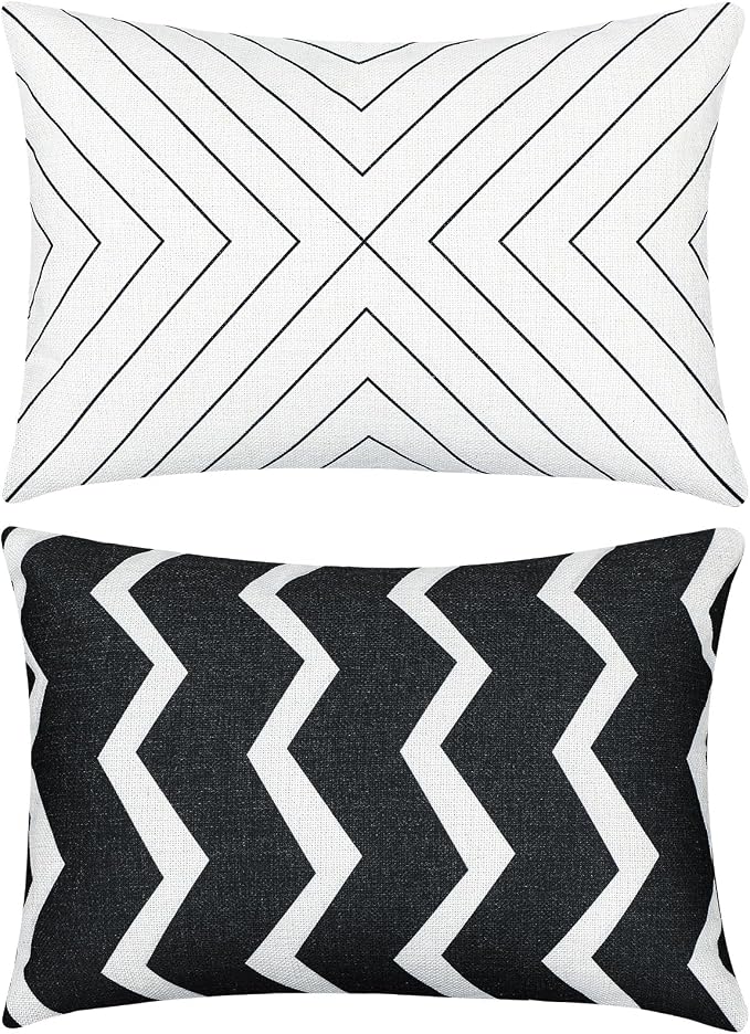 Juexica 2 Pack Chaise Lounge Pillow with Strap Outdoor Waterproof Beach Chair Neck Headrest Pillow Adjustable Elastic Band for Hammock Lumbar Recliner Pillows for Patio Pool Chair(Classic Black White)