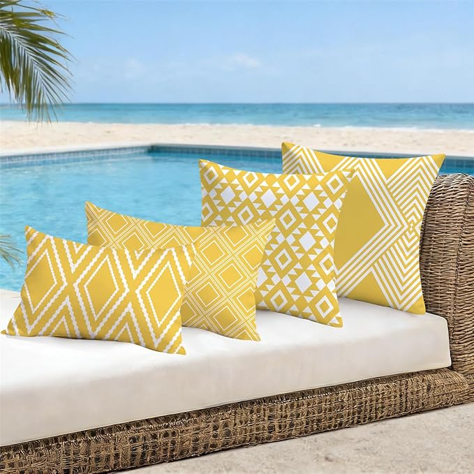 NIGHTWISH Outdoor Waterproof Pillow Covers 12x20 Set of 4 Yellow and White Modern Geometry Decorative Outdoor Throw Pillows Boho Cushion Cases for Patio Furniture Bench Couch Sunbrella