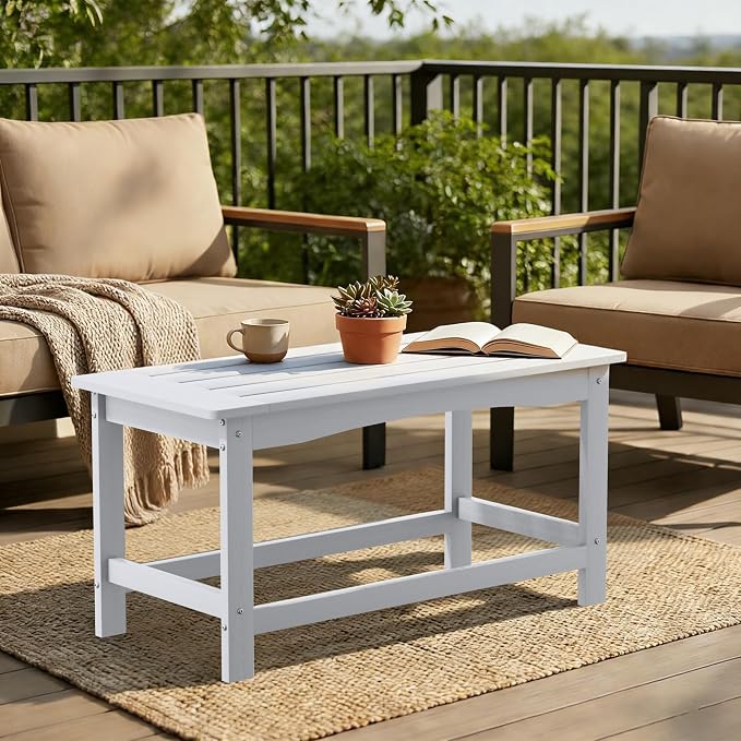 White Outdoor Coffee Table for Patio 35.4 x 17.5 x 16.1 Poly Lumber | 250 lb All-Weather HIPS Rectangle Patio Table, Stainless Steel Hardware, 1-Year Warranty for Deck Balcony Porch Poolside