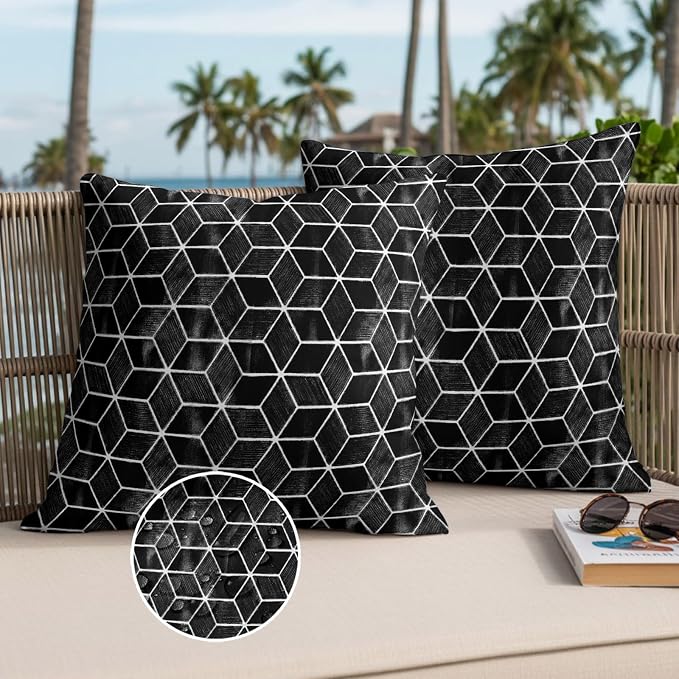 Black Honeycomb Tiling Waterproof Outdoor Pillow Covers Set of 2 Home Decor, Wooden Grain Blocks Pillowcase Patio Pillow Covers for Couch Bench Patio Furniture Garden 16x16in