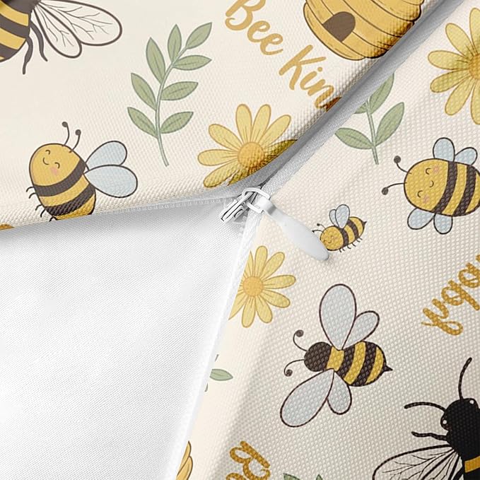 Throw Pillow Covers, Bee Sunflower, Set of 2, 18 x 18 Inch | Motivational Yellow Outdoor Waterproof Square Cushion Case Pillowcase Farmhouse Garden Decorative Pillows for Couch