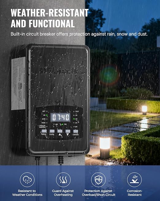 600W Low Voltage Landscape Transformer, Weatherproof Outdoor Low Voltage Transformer, 120V AC to 12/14V AC, Landscape Lighting Transformer with Timer and Photocell Sensor, ETL Listed D15LT06