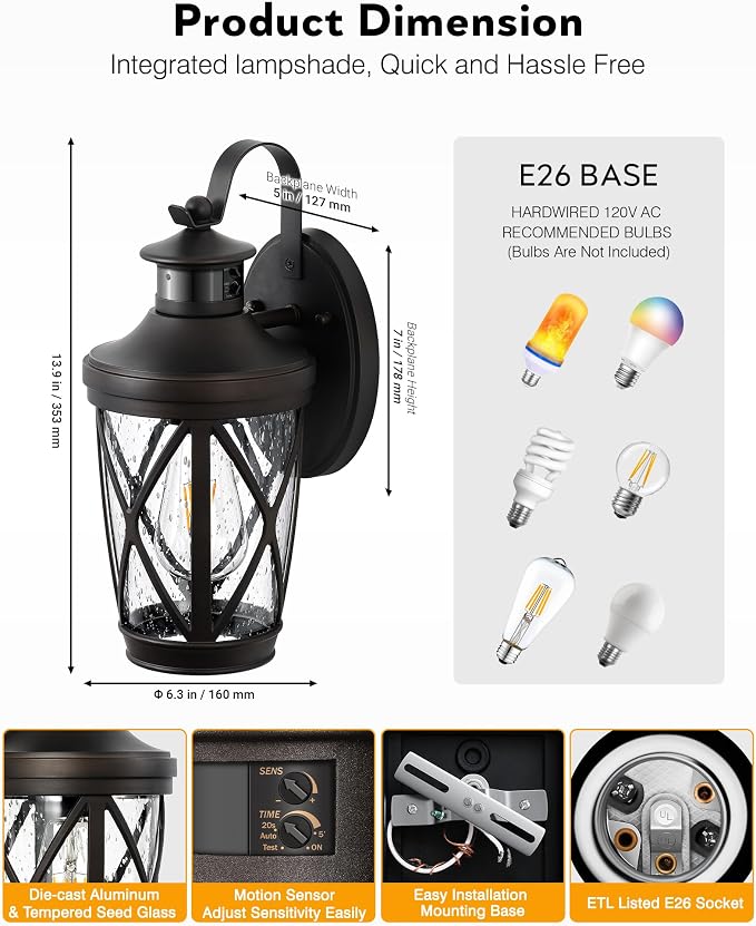 VIANIS Motion Sensor Outdoor Wall Lantern for Porch, Oil Rubbed Bronze Exterior Lighting Fixtures Wall Mount, 2-Pack Exterior Sconce Light with Tempered Seed Glass, Outdoor Garage Lights for Coach