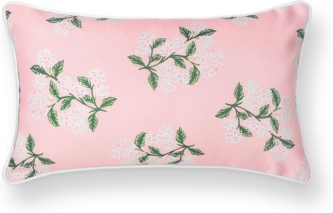 Hofdeco Premium Coastal Patio Indoor Outdoor Lumbar Pillow Cover Only, 12"x20" Water Repellent for Backyard, Couch, Blush Pink Print Hydrangea Flower