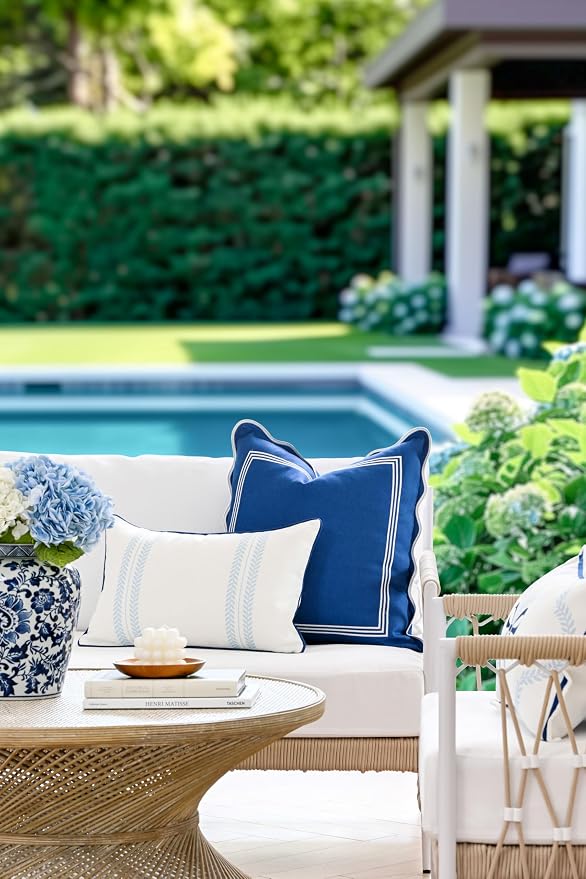 Hofdeco Premium Coastal Hampton Patio Indoor Outdoor Lumbar Pillow Cover Only, 12"x20" Water Repellent for Backyard, Couch, Poolside, Baby Blue Navy Print Leaf Striped