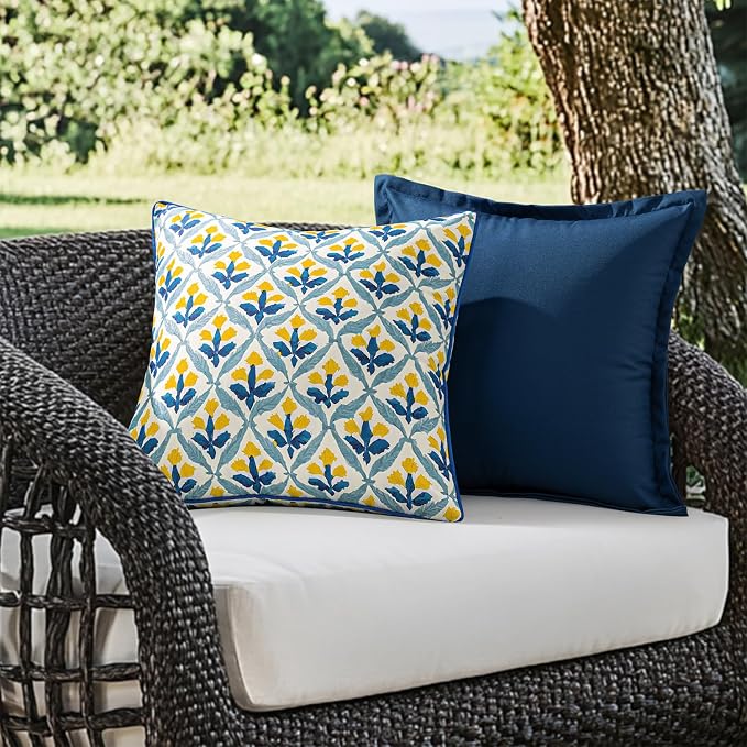 MIULEE Outdoor Floral Pillow Covers Waterproof 18x18 Light Yellow Blue | Decorative Block Print,Boho Farmhouse, Set of 2 Coastal Summer Cushion Covers with Piping,Garden Patio Furniture Porch Couch