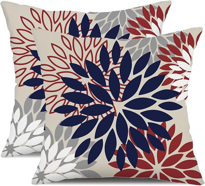 DFXSZ Outdoor Waterproof Pillow Covers 20x20 Set of 2 Blue Red Flower | Spring Summer Waterproof Flower Throw Pillowcases（No Inserts）Decor for 4th of July Patio Funiture Garden Polyester Covers