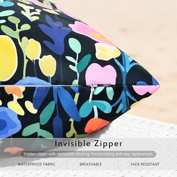 Outdoor Pillows Covers 18X18 Inch Pack of 2, Spring Floral Waterproof Throw Pillow Covers, Black Printed Flower Decorative Square Pillowcases for Summer Patio Furniture Garden Balcony Porch