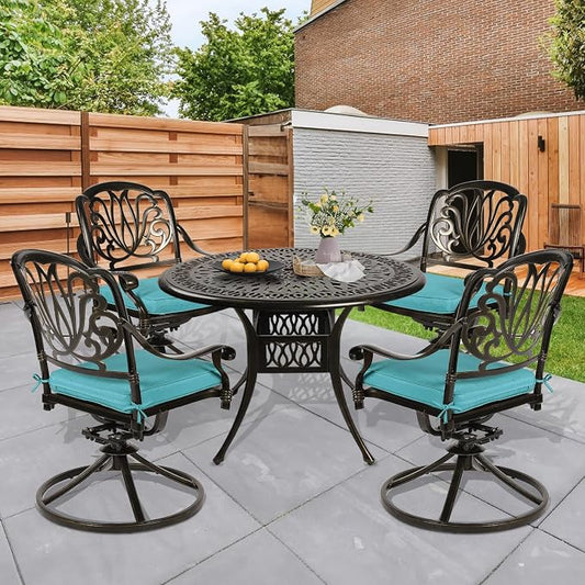 5 Piece Patio Dining Set, Outdoor Table and Chairs Set for 4 Cushioned Swivel Rocking Chairs and 35.4'' Round Table, All-Weather Cast Aluminum Patio Funiture Set, 2'' Umbrella Hole, Blue