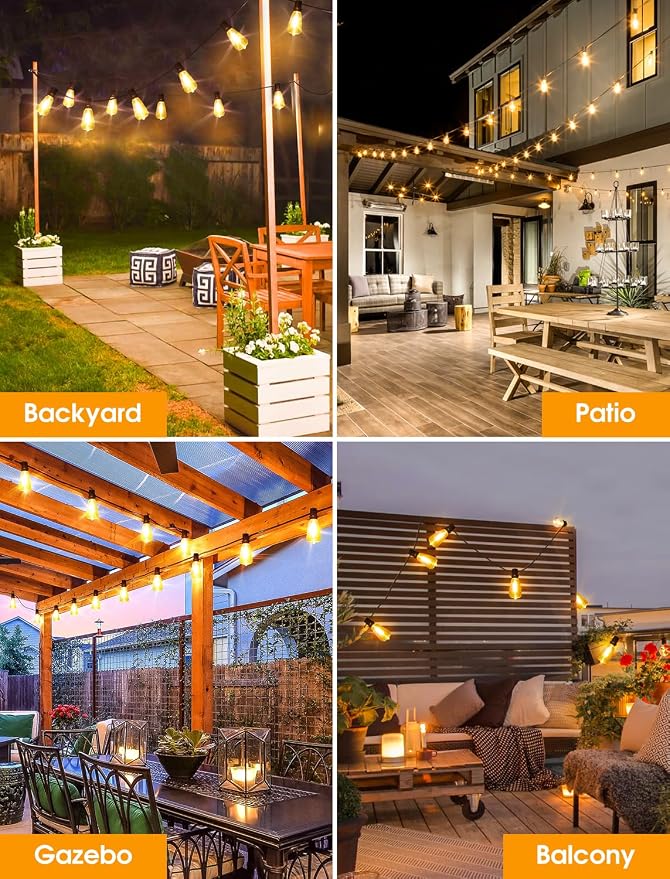 50FT(2x25FT) Outdoor String Lights, Patio Lights with 20+2 LED Dimmable Waterproof ST38 Vintage Bulbs for Backyard Bistro Cafe Deck, Black