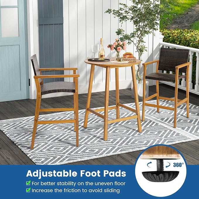 HAPPYGRILL 31.5” Round Bar Table, Bar Height Table with Umbrella Hole & Slatted Tabletop, Acacia Wood Patio Bistro Table, Side Table for Indoors Outdoors