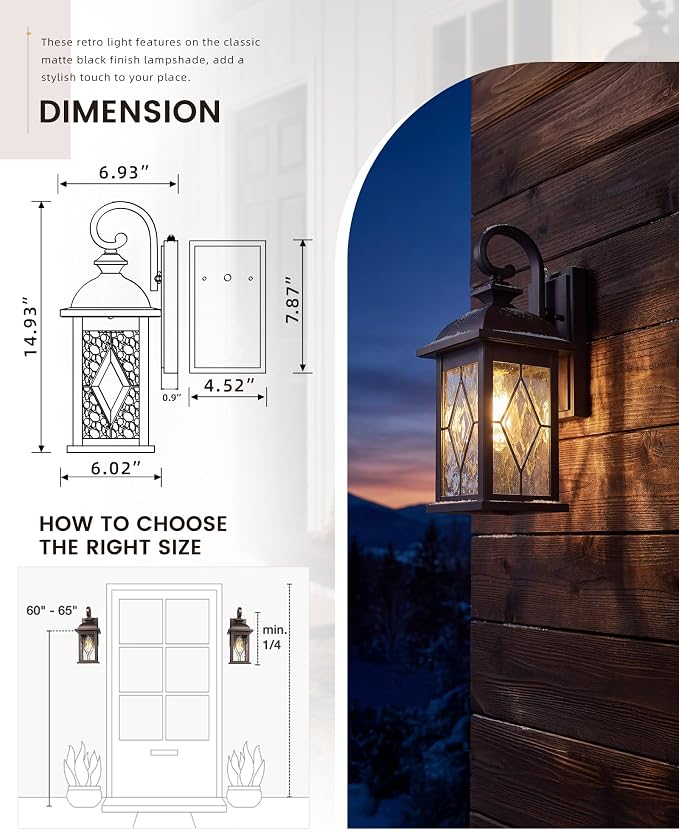 FEMILA Outdoor Wall Light Fixtures, Exterior Waterproof Wall Sconce, 15" Front Porch Lights, Anti-Rust ORB Finish with Hammered Glass, UL Listed, 4FD54B ORB-SD