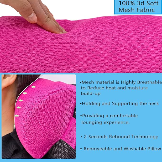 2 Pack Headrest Pillow for Patio Chaise Lounge,Recliner,Beach Chair,Pink | Resilient 3D mesh pillow with removable washable cover, adjustable elastic strap, ergonomic support, lightweight portable