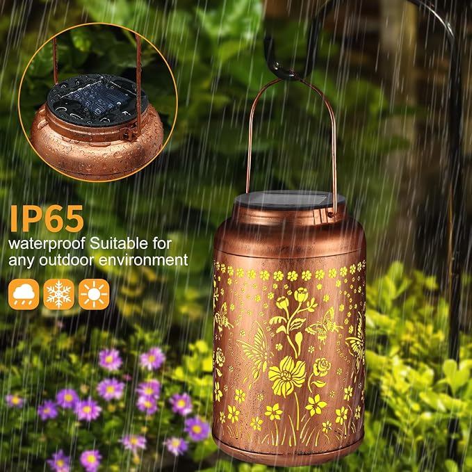 2 Pack Butterflies Solar Lanterns Outdoor Waterproof Garden Decor | Metal Hanging Solar Lights Birthday Gifts for Grandma Mom Solar Decoration Outside for Yard, Patio, Backyard, Porch