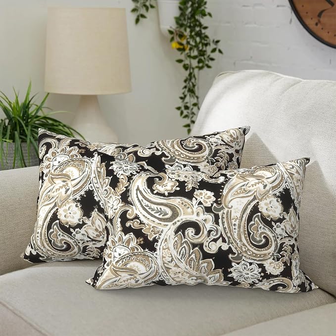 DYTXIII Pack of 2 Waterproof Outdoor Lumbar Pillow with Inserts, 12x20 in Rectangle Decorative Patio Throw Pillow for Home, Sofa,Bench and Patio Furniture, Paisley Black
