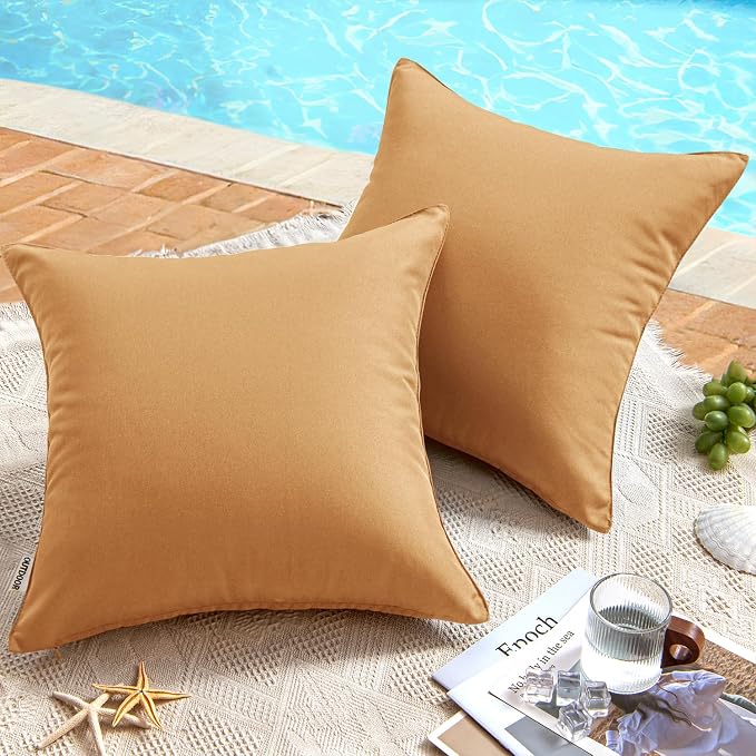 MIULEE Decorative Outdoor Waterproof Pillow Covers 16x16 Light Brown | Decorative Patio Furniture,Pack of 2,Accent Square Soild Throw Pillow Covers,Summer Garden Tent Couch Sofa