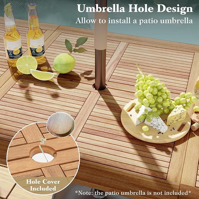 Tangkula 86.5" Large Patio Dining Table for 8, Acacia Wood 8-Person Dining Table with 2" Umbrella Hole & Metal Legs & Adjustable Foot Pads, Rectangular Outside Table for Garden, Poolside & Backyard