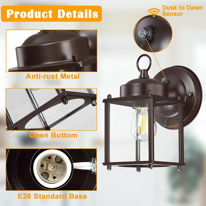 Outdoor Wall Light, Porch Lamp, Dusk to Dawn, Bronze | Exterior Wall Sconce Fixture for House, Garage, Patio, Rustproof Waterproof, Metal Housing with Glass, E26 Base, 2 Pack