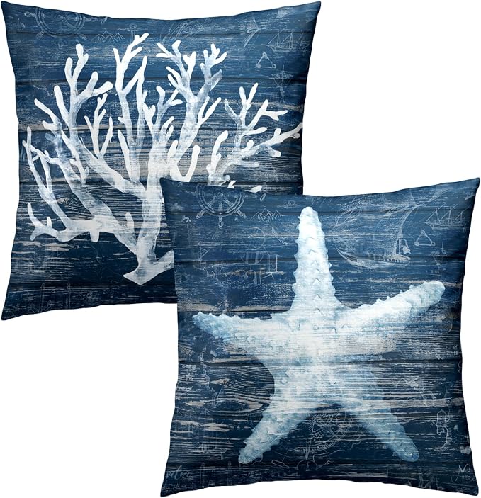 Summer Coastal Throw Pillow Covers 16x16 Inch Set of 2, Rustic Coral Design Navy Blue Wood Board Plank Cotton Square Pillowcases for Couch Sofa Living Room Beach House Decor