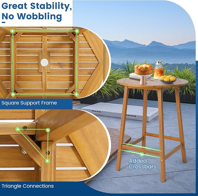 HAPPYGRILL 31.5” Round Bar Table, Bar Height Table with Umbrella Hole & Slatted Tabletop, Acacia Wood Patio Bistro Table, Side Table for Indoors Outdoors