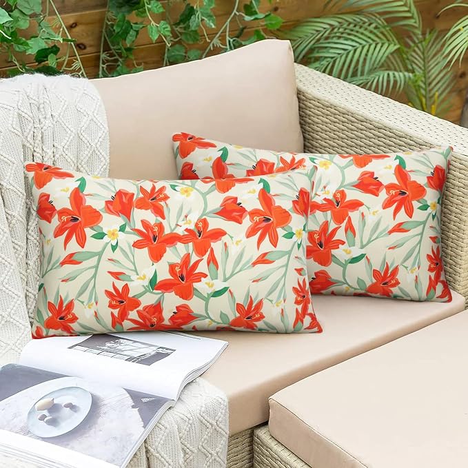Pyonic Outdoor Pillows Cover Pack of 2 Floral Waterproof Throw Pillow Covers 12X20 inch Outdoor Lumbar Pillows for Patio Furniture Garden Outside Waterproof Throw Pillows
