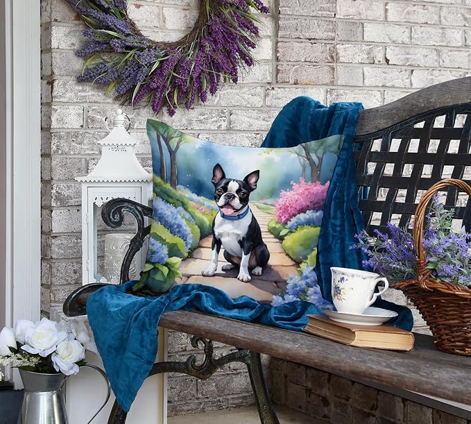 Caroline's Treasures Boston Terrier Spring Path Throw Pillow Machine Washable, Indoor Outdoor Decorative Pillow for Couch, Bed or Patio, 18Hx18W