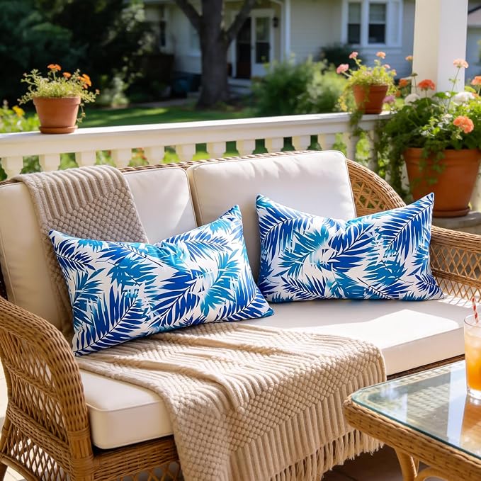 Outdoor Lumbar Pillow Covers Waterproof Summer Decorative Throw Pillow Covers Blue Tropical Leaf Couch Covers 18x18 Set of 2 Outdoor Cushion Home Decor for Patio Furniture Garden Tent Balcony Bench