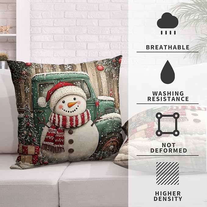 Christmas Snowman Pillow Covers 18x18 Set of 2 Green Xmas Truck Throw Pillow Covers Wooden Pattern Background Pillowcase Winter Holiday Cushion Case for Living Room Sofa Couch