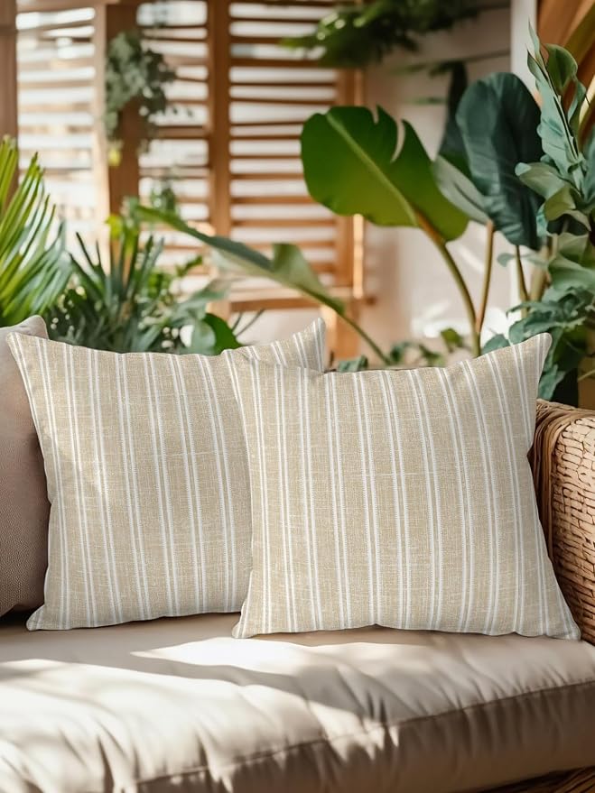 Waterproof Outdoor Pillow Set of 2 Beige Linen Striped Decorative Throw Pillows Cover & Insert 16x16 Inch Pillowcase Vertical Stripes Lines Pillows for Couch Sofa Bed Patio Furniture Indoor Outdoor