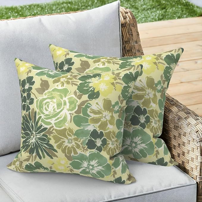 Outdoor 16x16 Inch Throw Pillow Covers Set of 2, Covers ONLY, All Weather Square Pillow Cases, Patio Cushion Pillow of Home Furniture Use, Green Rose