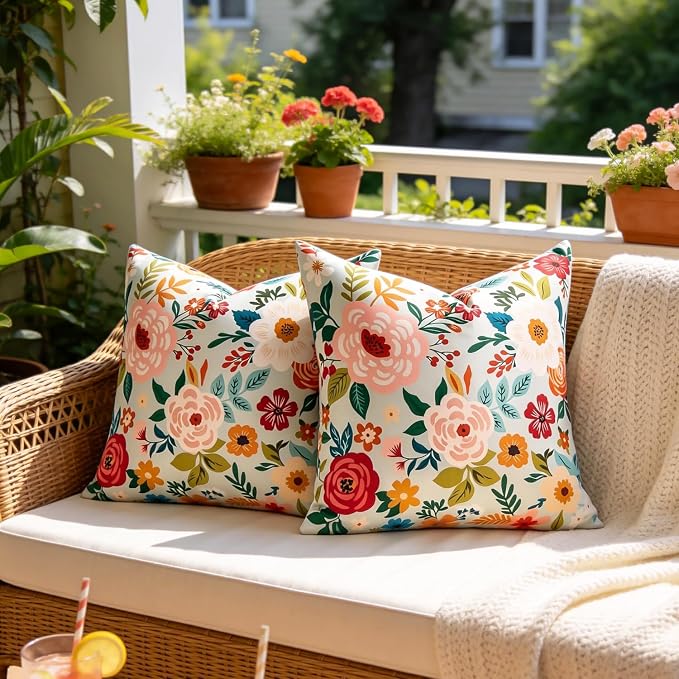 Summer Floral Outdoor Pillow Covers Waterproof Decorative Green Pillow Covers Accent Square Couch Covers Garden Farmhouse Throw Cushion Cases 20x20 Inch Set of 2 for Patio Tent Balcony Bench Sofa