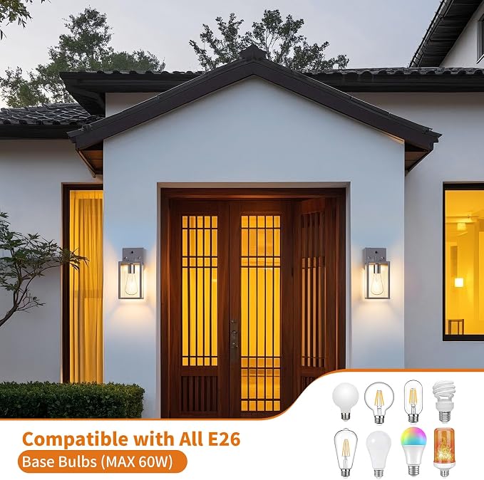 2 Pack Silver Dusk to Dawn Exterior Lighting Fixtures Wall Mount, Sensor Outside Front Porch Lights for House, Outdoor Lantern Lamp, Waterproof Wall Sconce Lights, Coach Light for Garage Entryway